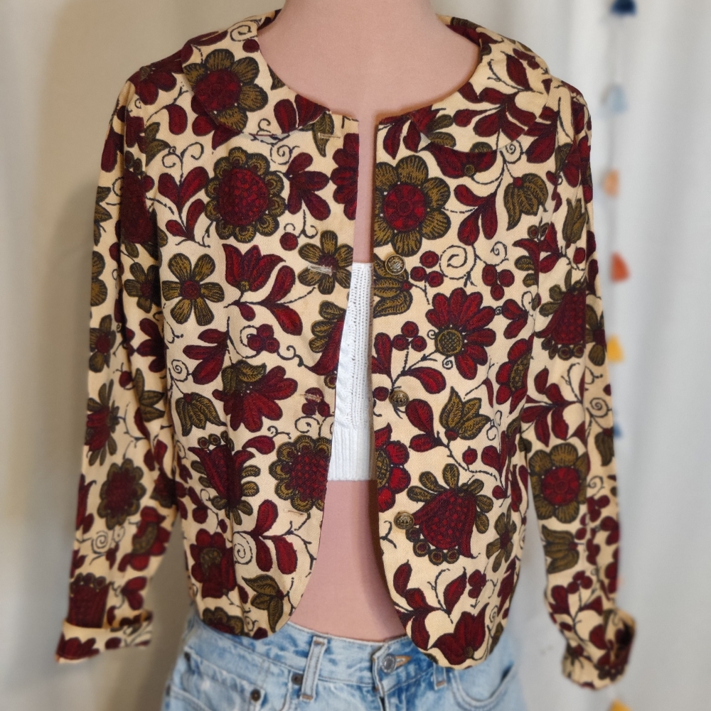 mid century Cropped Bolero   crisp linen Peter Pan collar Op Art floral Mod  S